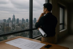 一位台灣室內設計師站在案場，思考如何應對極端氣候的趨勢